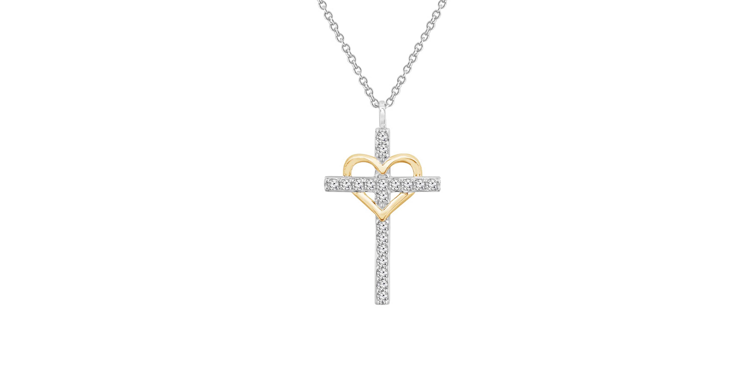 Lab Created Two Tones Cubic Zirconia Catholic Christian Religious Cross With Heart  Pendant Necklace
