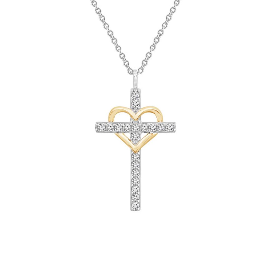 Lab Created Two Tones Cubic Zirconia Catholic Christian Religious Cross With Heart  Pendant Necklace