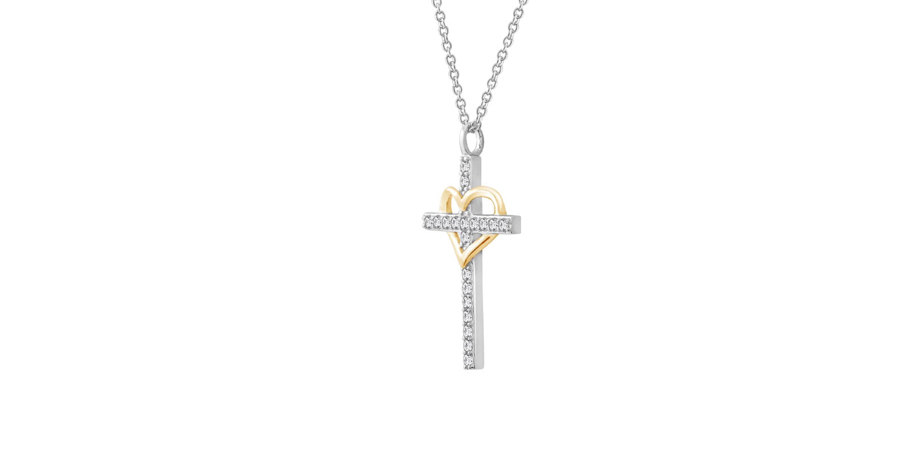 Lab Created Two Tones Cubic Zirconia Catholic Christian Religious Cross With Heart  Pendant Necklace