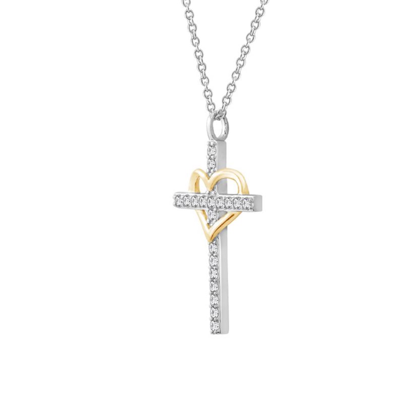 Lab Created Two Tones Cubic Zirconia Catholic Christian Religious Cross With Heart  Pendant Necklace