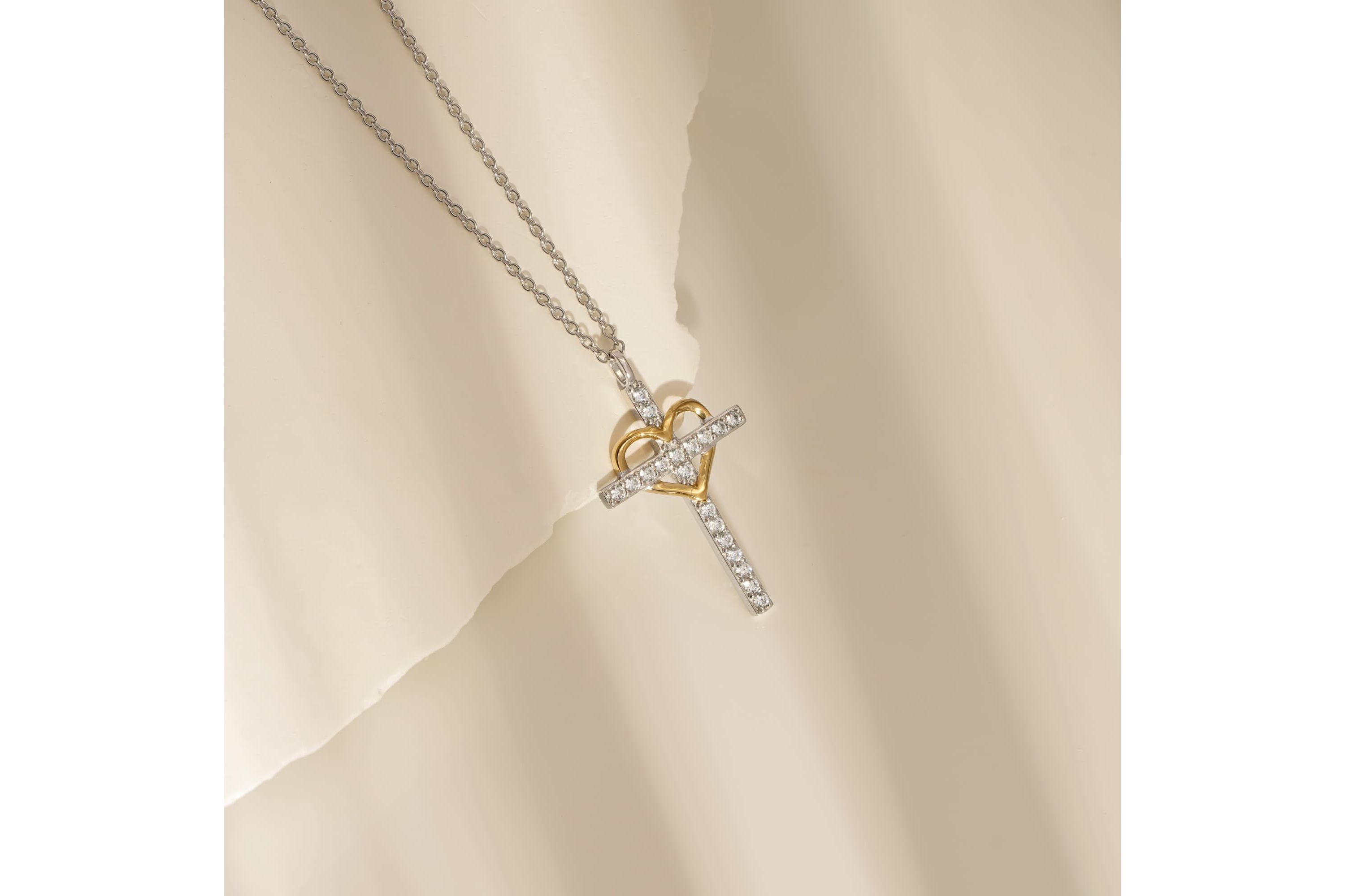 Lab Created Two Tones Cubic Zirconia Catholic Christian Religious Cross With Heart  Pendant Necklace