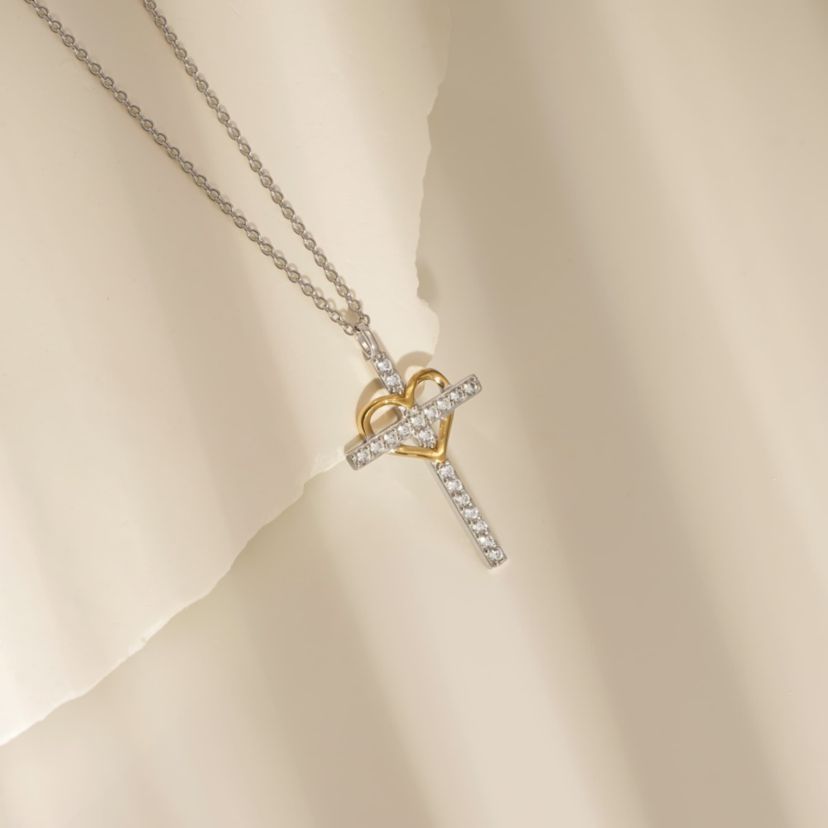 Lab Created Two Tones Cubic Zirconia Catholic Christian Religious Cross With Heart  Pendant Necklace
