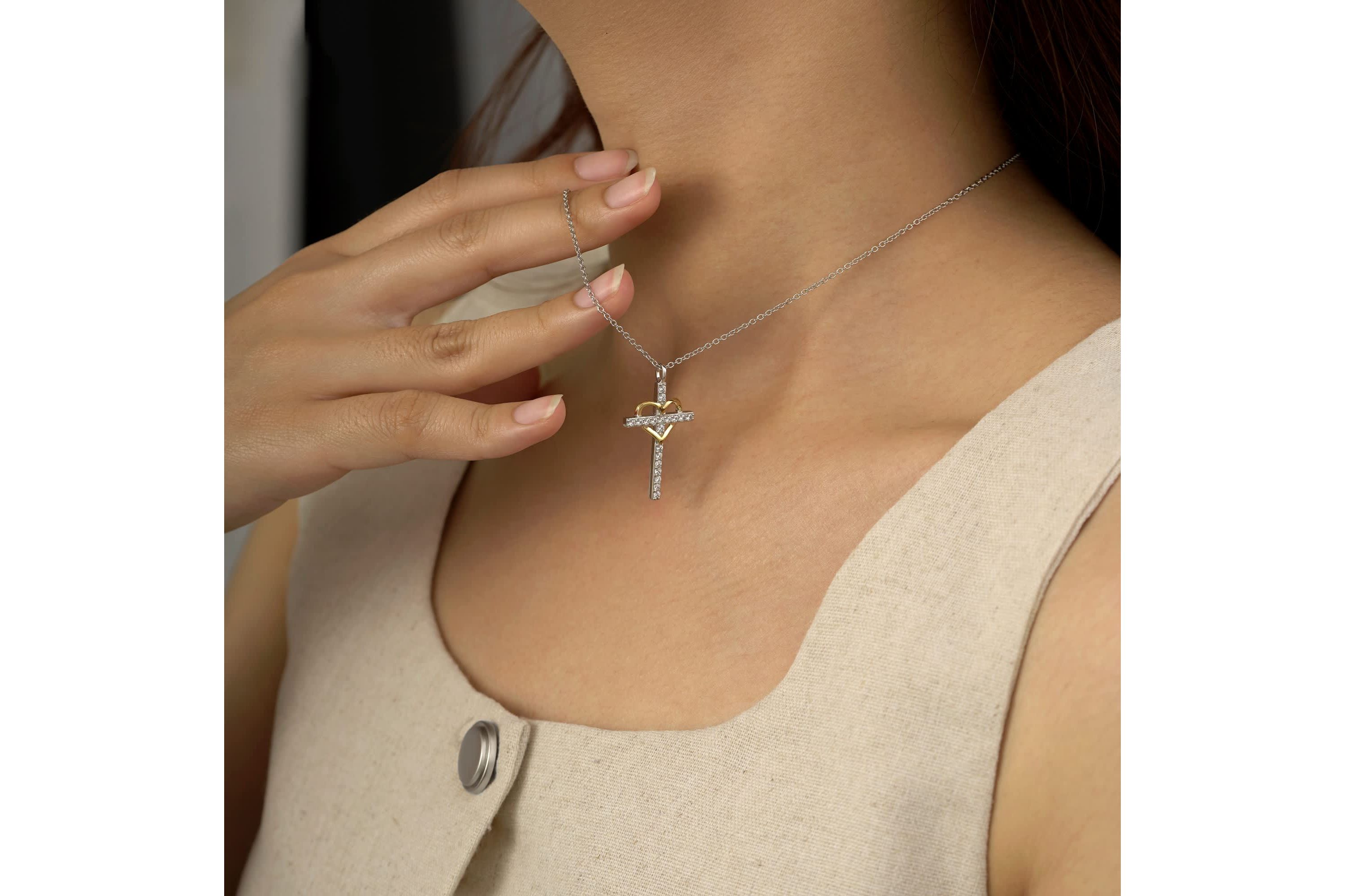 Lab Created Two Tones Cubic Zirconia Catholic Christian Religious Cross With Heart  Pendant Necklace