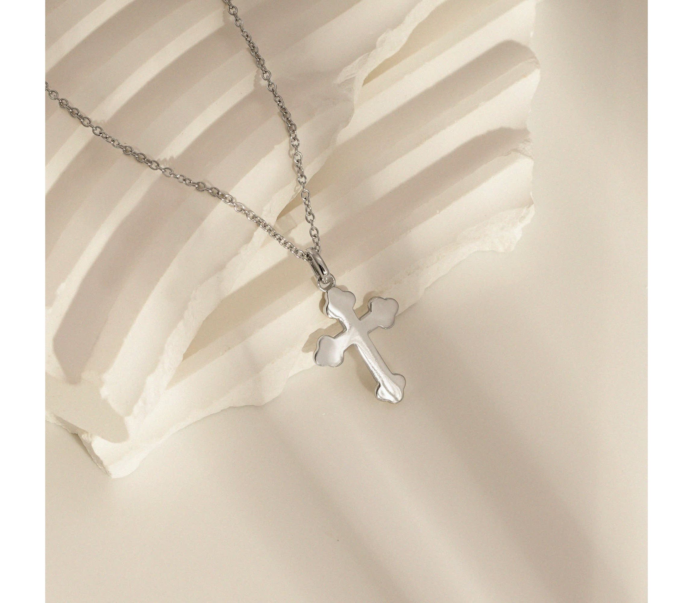 Lab Created Platinum Plated Sterling Silver Dainty Plain Bottony Cross Pendant Necklace