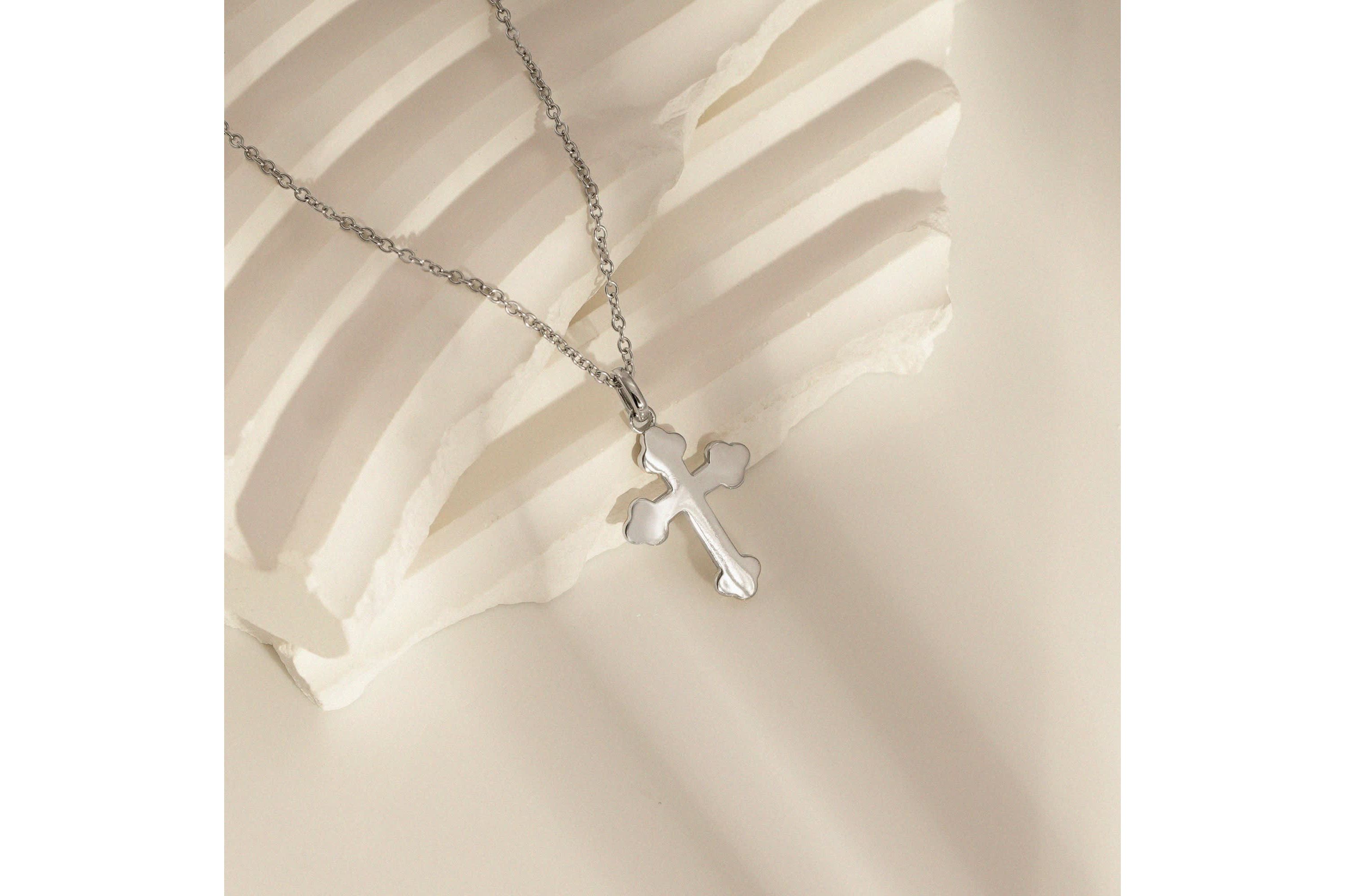 Lab Created Platinum Plated Sterling Silver Dainty Plain Bottony Cross Pendant Necklace