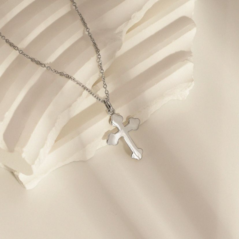 Lab Created Platinum Plated Sterling Silver Dainty Plain Bottony Cross Pendant Necklace