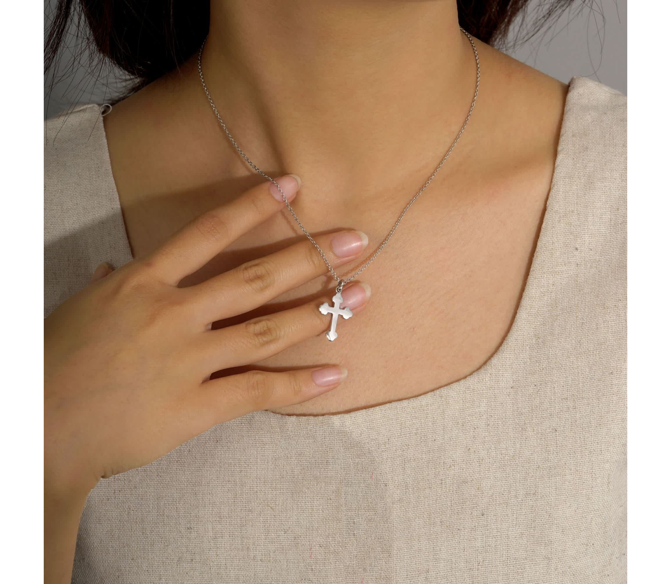 Lab Created Platinum Plated Sterling Silver Dainty Plain Bottony Cross Pendant Necklace