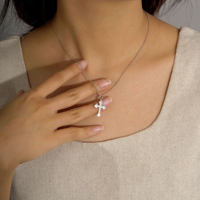Lab Created Platinum Plated Sterling Silver Dainty Plain Bottony Cross Pendant Necklace