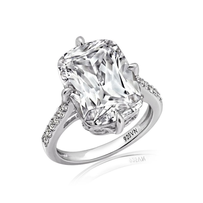 Lab Created Platinum Plated Silver Cathedral Emerald Cut Cubic Zirconia Cocktail Ring, Size 9