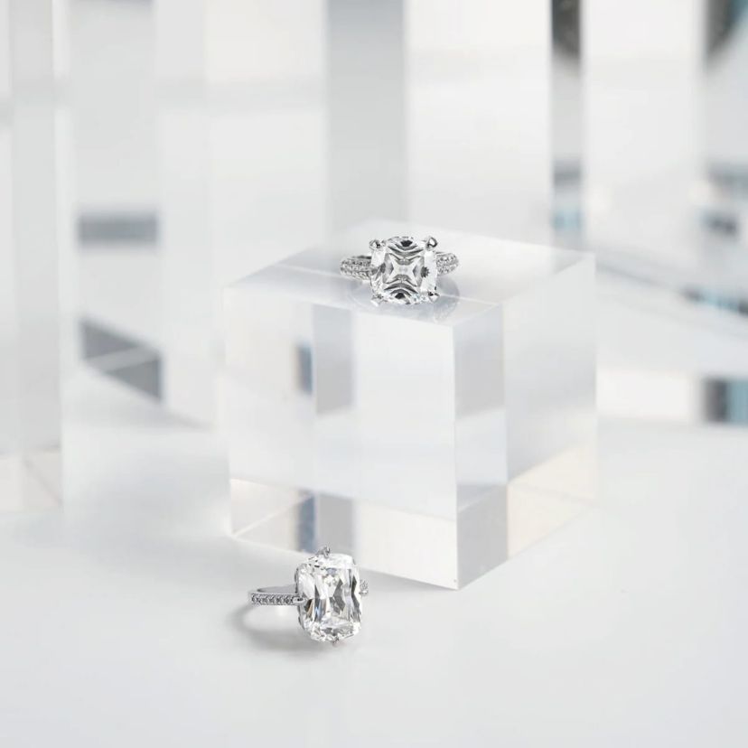 Lab Created Platinum Plated Silver Cathedral Emerald Cut Cubic Zirconia Cocktail Ring, Size 9
