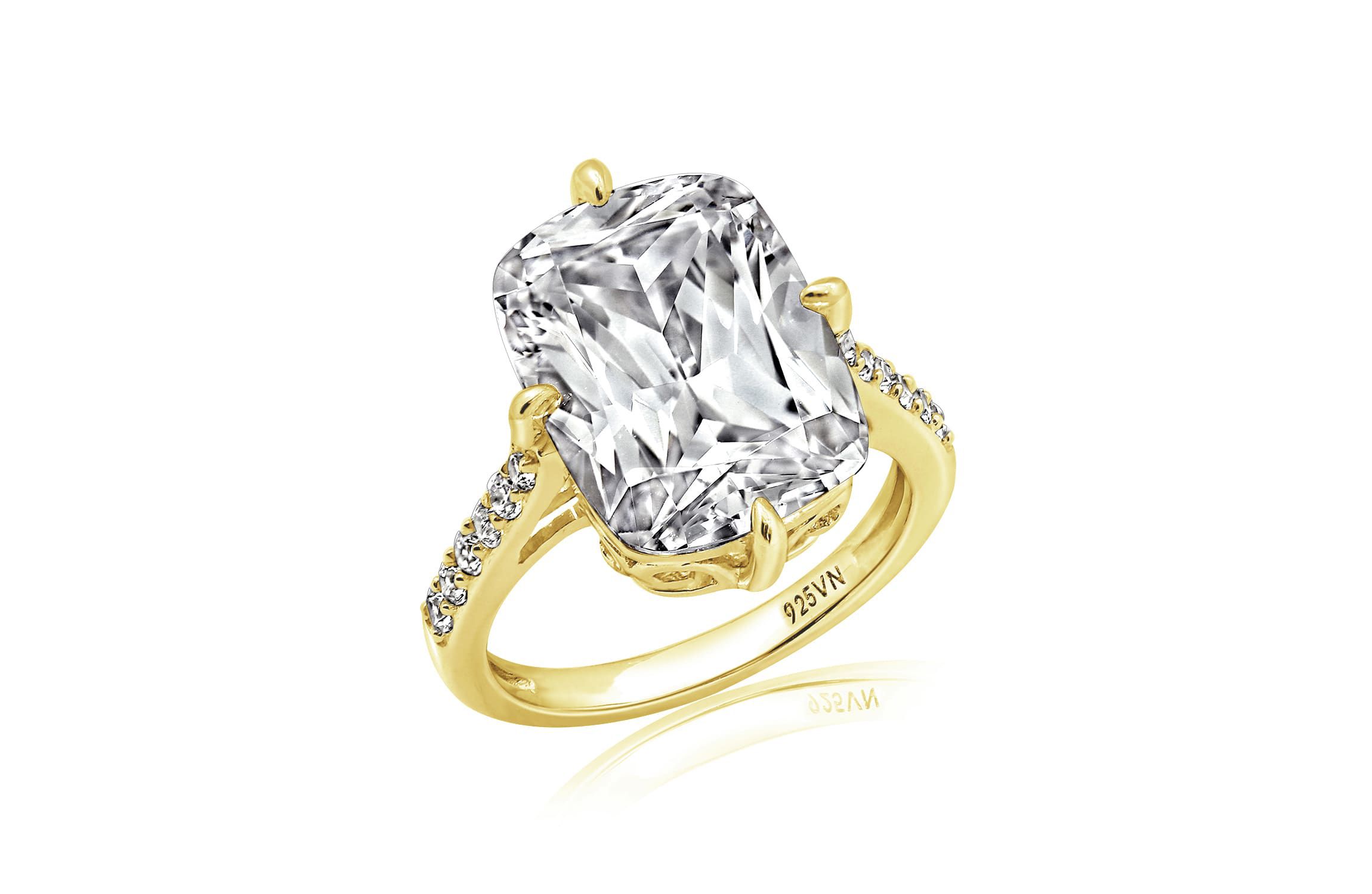 Lab Created DIAMONBLISS Yellow Gold Plated Silver Cathedral Emerald Cut Cubic Zirconia Cocktail Ring, Size 10