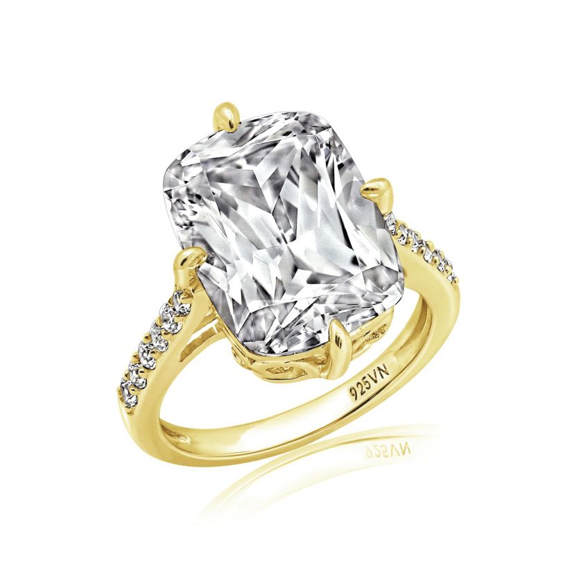 Lab Created DIAMONBLISS Yellow Gold Plated Silver Cathedral Emerald Cut Cubic Zirconia Cocktail Ring, Size 10