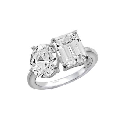 Peace Love World Lab Created DIAMONBLISS Emerald & Oval Cut Double Stone Ring for Women 14K Yellow Gold, Platinum Plated 925 Sterling Silver