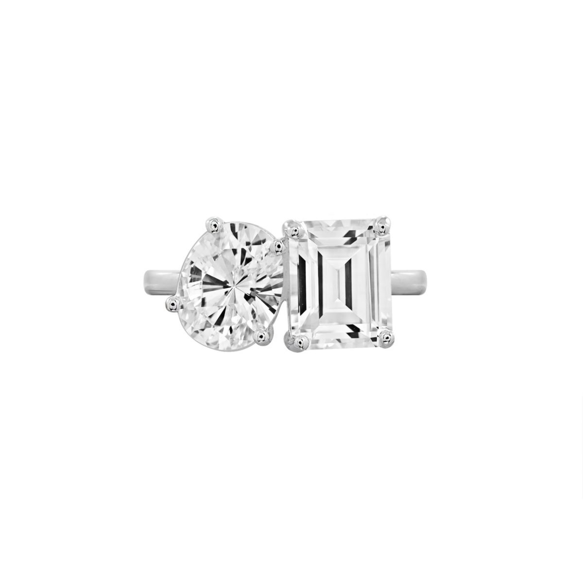 Lab Created DIAMONBLISS Emerald & Oval Cut Double Stone Ring for Women 14K Yellow Gold, Platinum Plated 925 Sterling Silver Engagement Cocktail Ring Band | Cubic Zirconia CZ Diamond Stimulant (White, 6)
