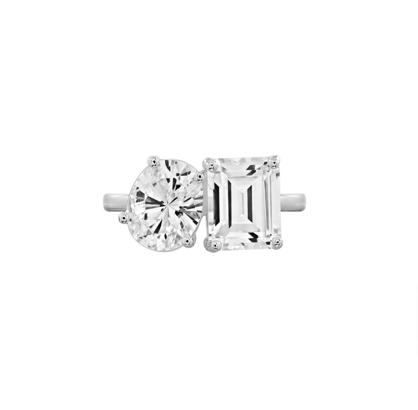 Lab Created DIAMONBLISS Emerald & Oval Cut Double Stone Ring for Women 14K Yellow Gold, Platinum Plated 925 Sterling Silver Engagement Cocktail Ring Band | Cubic Zirconia CZ Diamond Stimulant (White, 6)