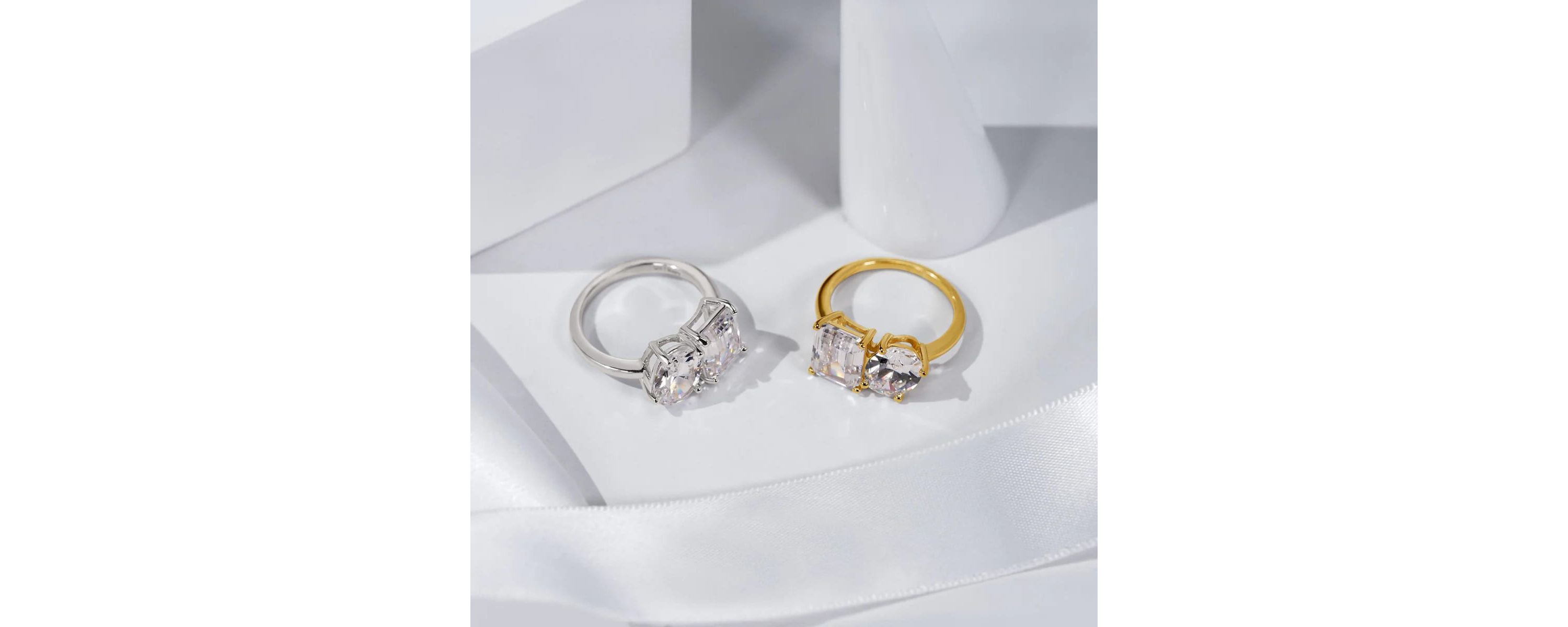 Lab Created DIAMONBLISS Emerald & Oval Cut Double Stone Ring for Women 14K Yellow Gold, Platinum Plated 925 Sterling Silver Engagement Cocktail Ring Band | Cubic Zirconia CZ Diamond Stimulant (White, 6)