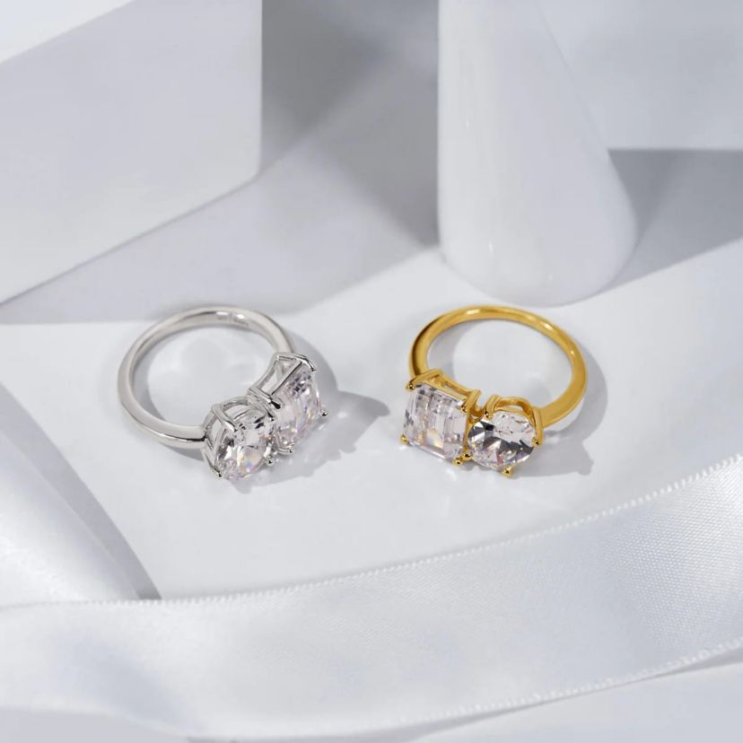 Lab Created DIAMONBLISS Emerald & Oval Cut Double Stone Ring for Women 14K Yellow Gold, Platinum Plated 925 Sterling Silver Engagement Cocktail Ring Band | Cubic Zirconia CZ Diamond Stimulant (White, 6)