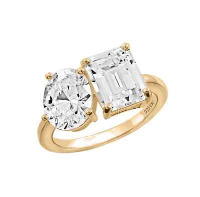 Diamonbliss Lab Created Emerald & Oval Cut Double Stone Ring for Women 14K Yellow Gold, Platinum Plated 925 Sterling Silver Engagement Cocktail Ring