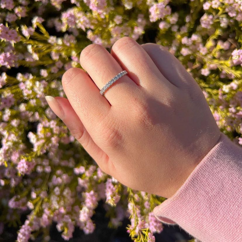 Lab Created Platinum Plated Silver Round Cut Cubic Zirconia Skinny Eternity Band Ring, Size 5