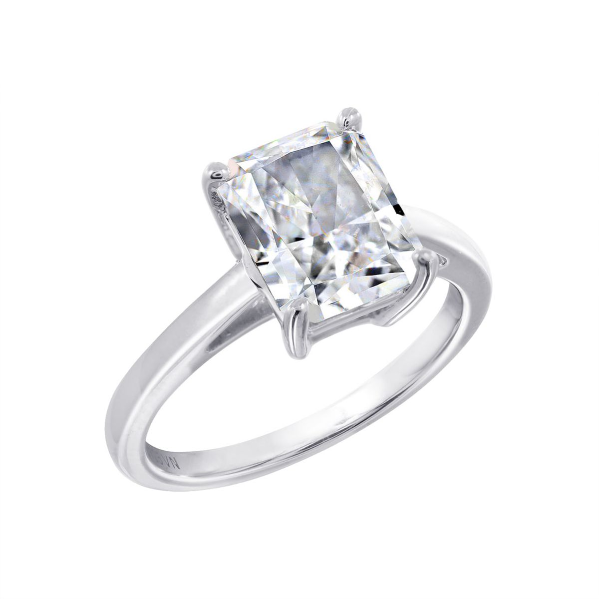 Lab Created DIAMONBLISS Platinum clad Sterling Silver Clear Cubic Zirconia Solitaire Ring (Emerald Shape), Size 9