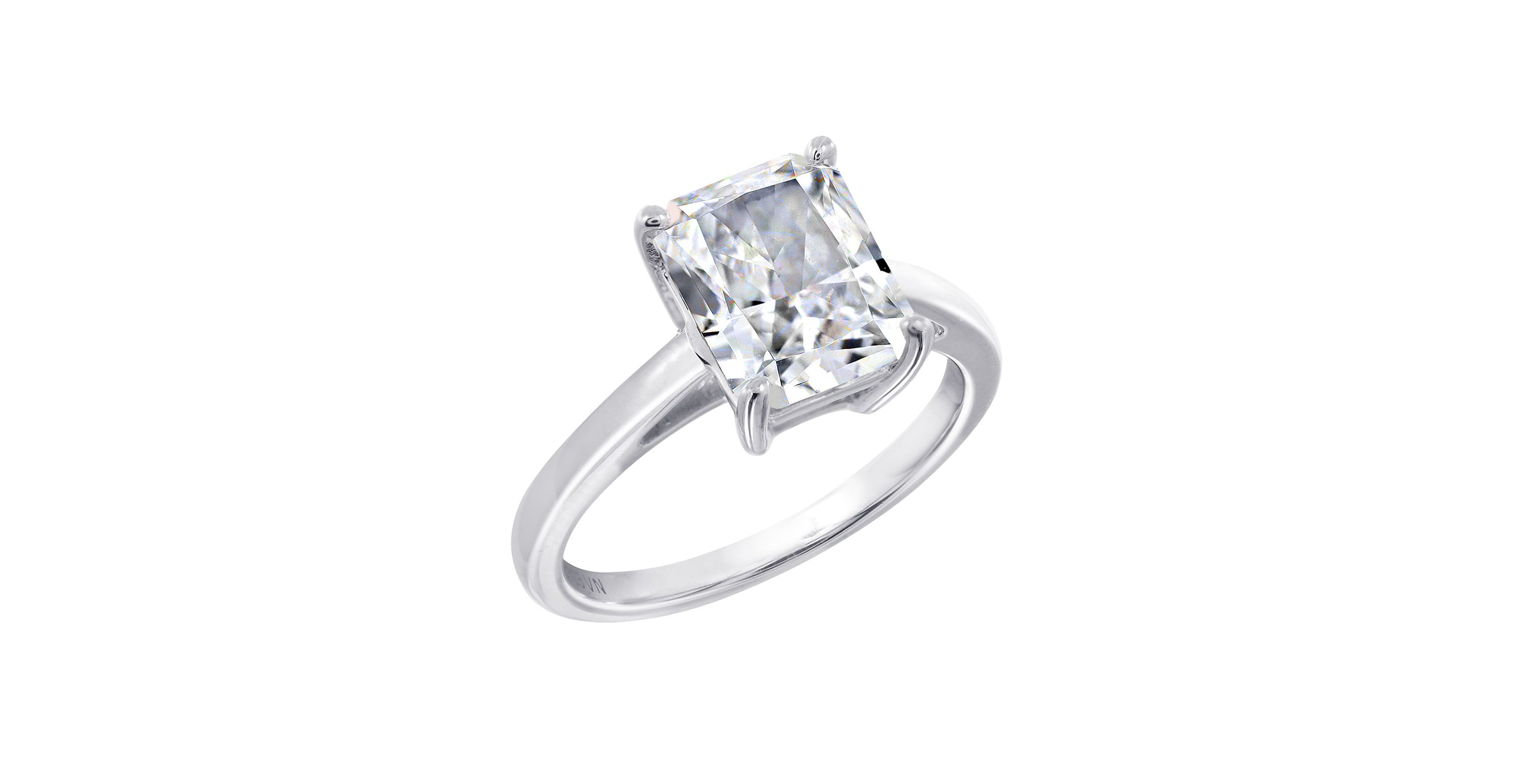 Lab Created DIAMONBLISS Platinum clad Sterling Silver Clear Cubic Zirconia Solitaire Ring (Emerald Shape), Size 9