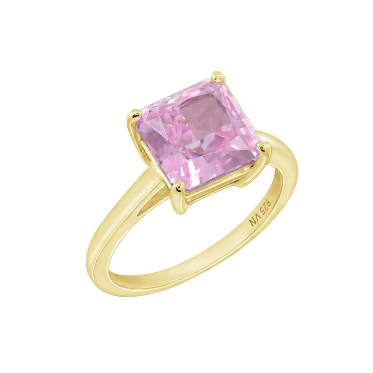 Lab Created DIAMONBLISS Yellow Gold clad Sterling Silver Pink Cubic Zirconia Solitaire Ring (Princess Shape), Size 8