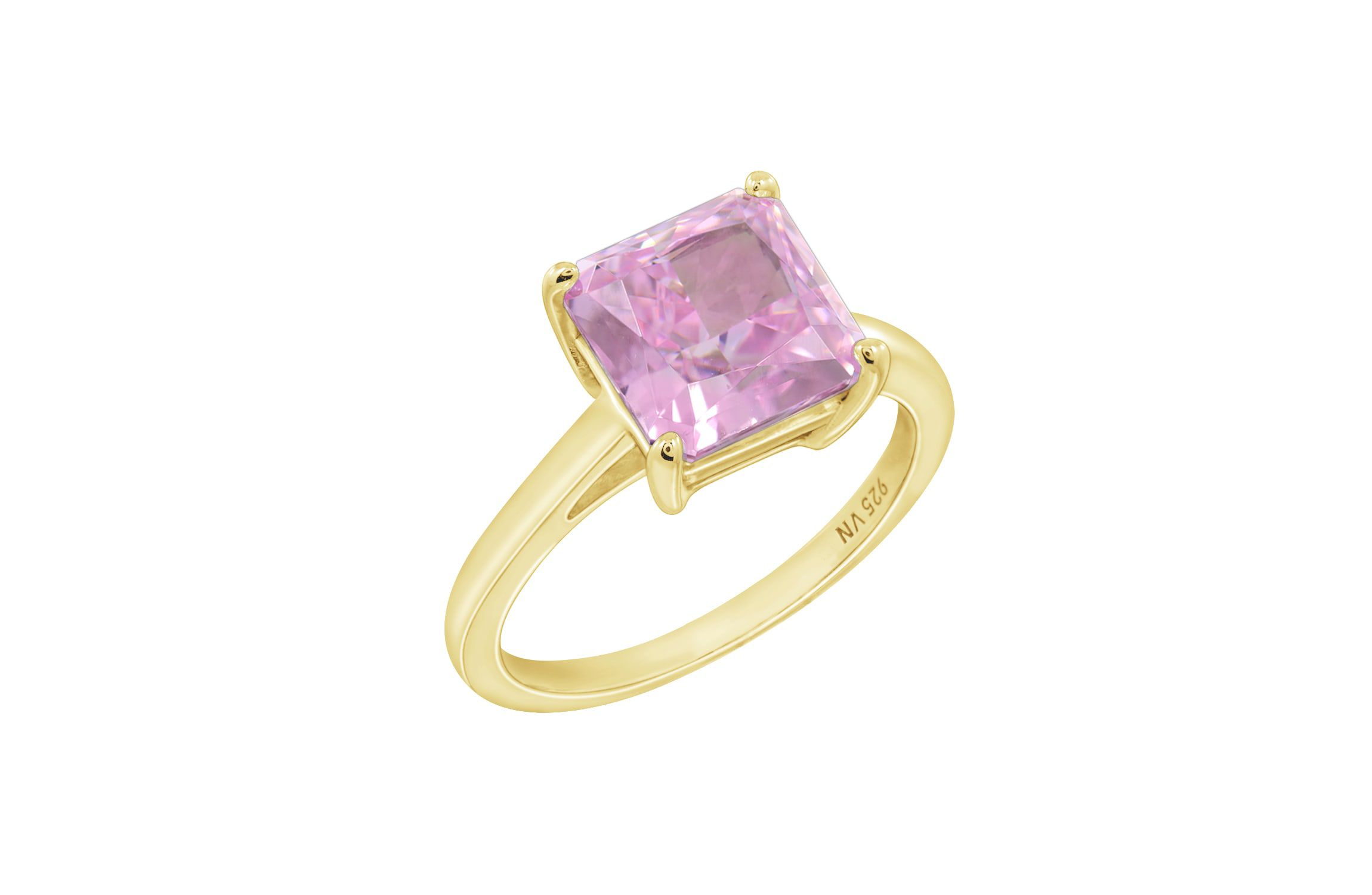 Lab Created DIAMONBLISS Yellow Gold clad Sterling Silver Pink Cubic Zirconia Solitaire Ring (Princess Shape), Size 8
