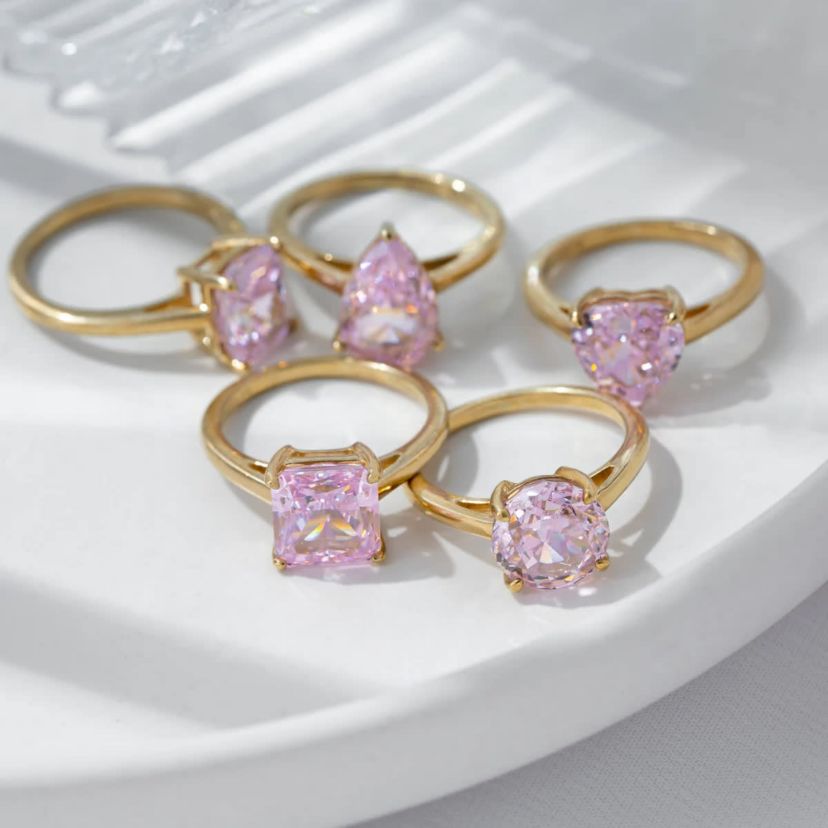 Lab Created DIAMONBLISS Yellow Gold clad Sterling Silver Pink Cubic Zirconia Solitaire Ring (Princess Shape), Size 8