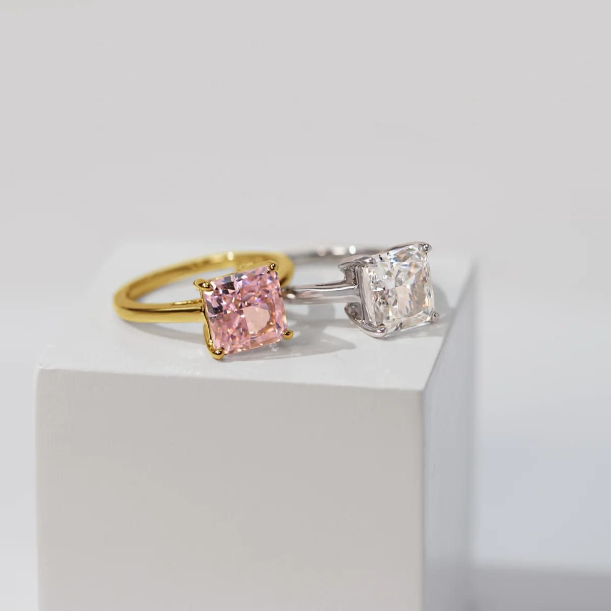 Lab Created DIAMONBLISS Yellow Gold clad Sterling Silver Pink Cubic Zirconia Solitaire Ring (Princess Shape), Size 8