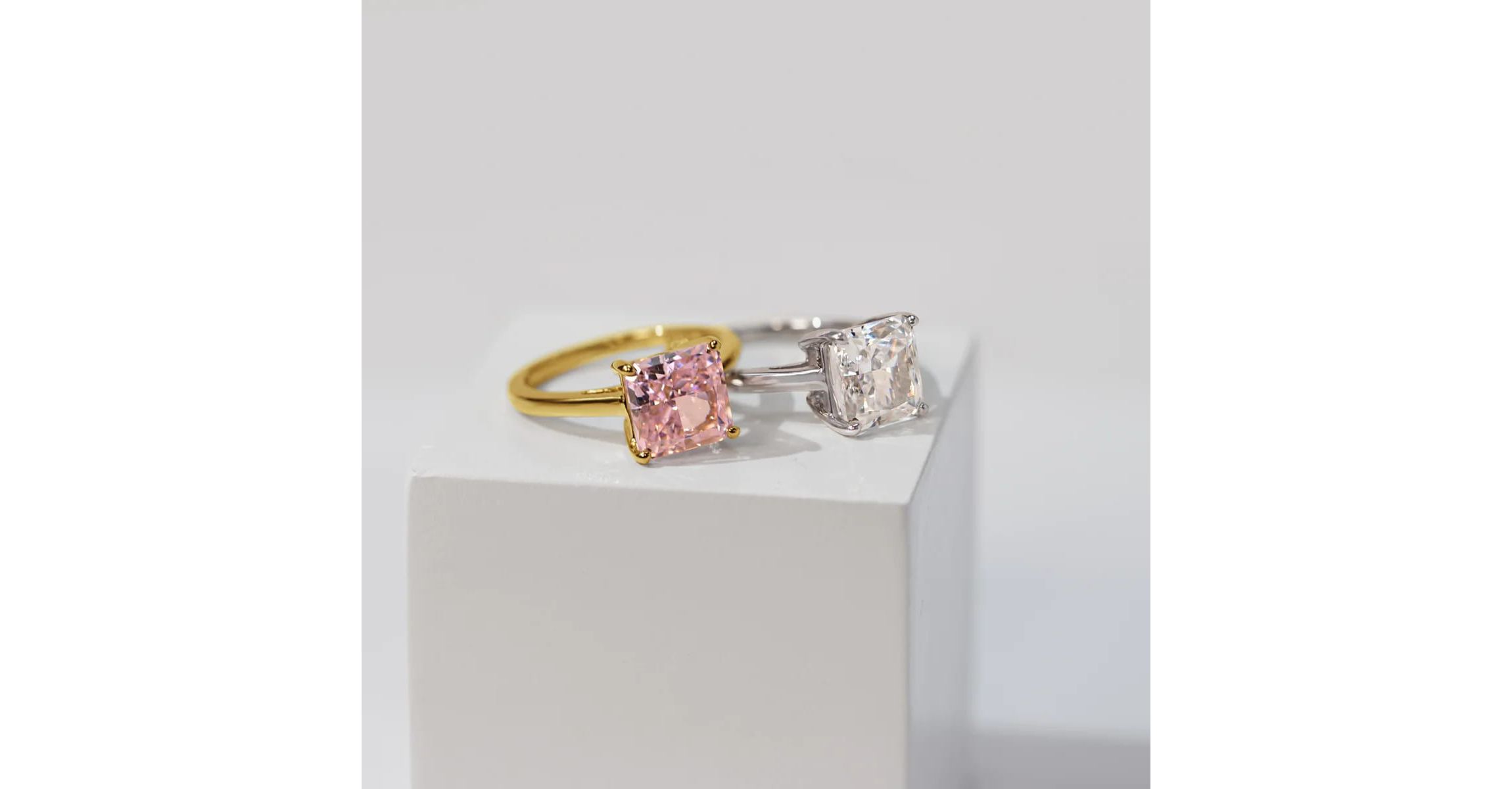 Lab Created DIAMONBLISS Yellow Gold clad Sterling Silver Pink Cubic Zirconia Solitaire Ring (Princess Shape), Size 8