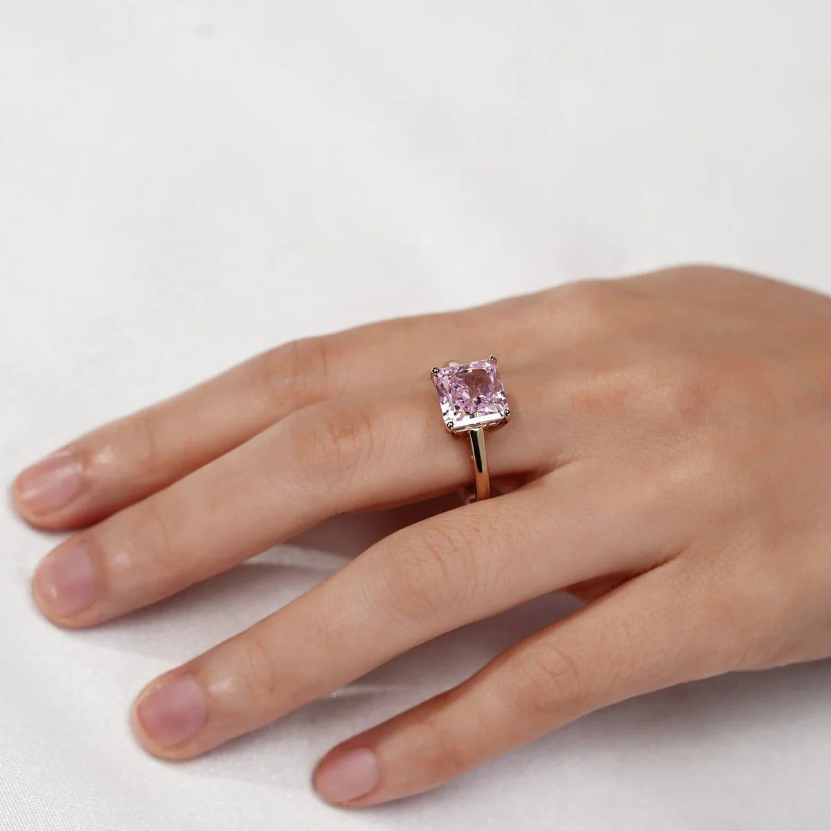 Lab Created DIAMONBLISS Yellow Gold clad Sterling Silver Pink Cubic Zirconia Solitaire Ring (Princess Shape), Size 8