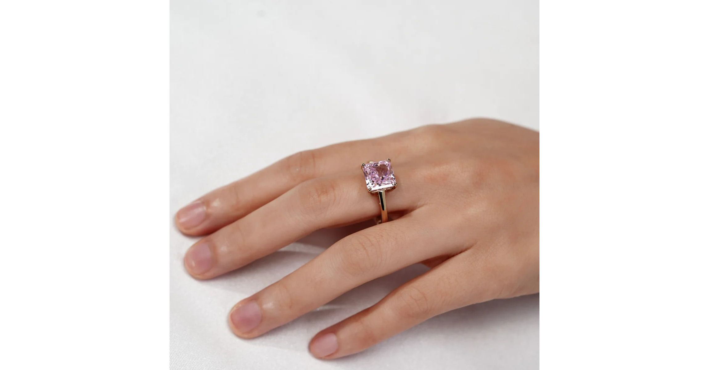 Lab Created DIAMONBLISS Yellow Gold clad Sterling Silver Pink Cubic Zirconia Solitaire Ring (Princess Shape), Size 8