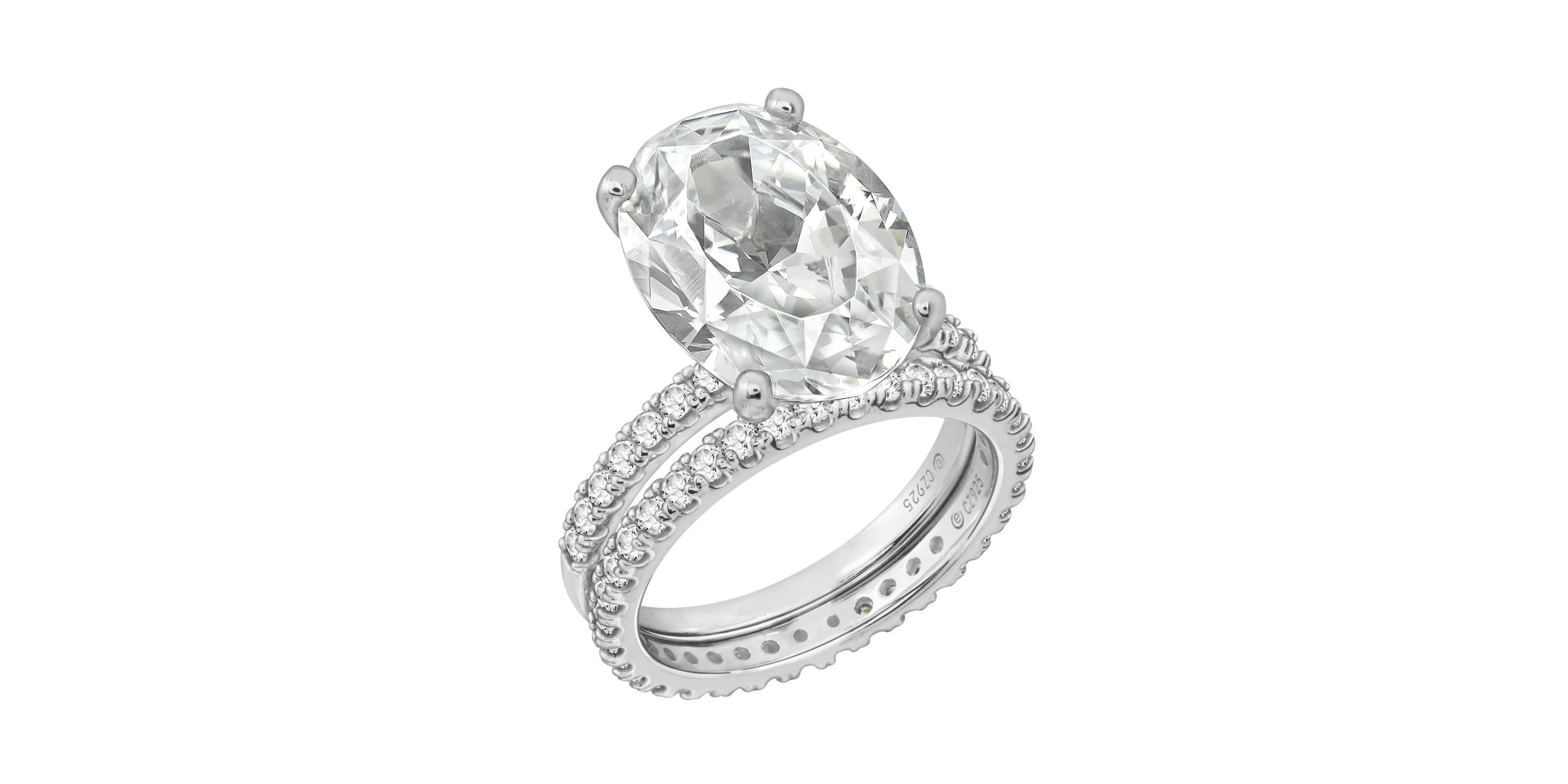 Lab Created DIAMONBLISS Platinum clad Sterling Silver 10ct Oval Cubic Zirconia Solitaire Engagement Ring Set, Size 10