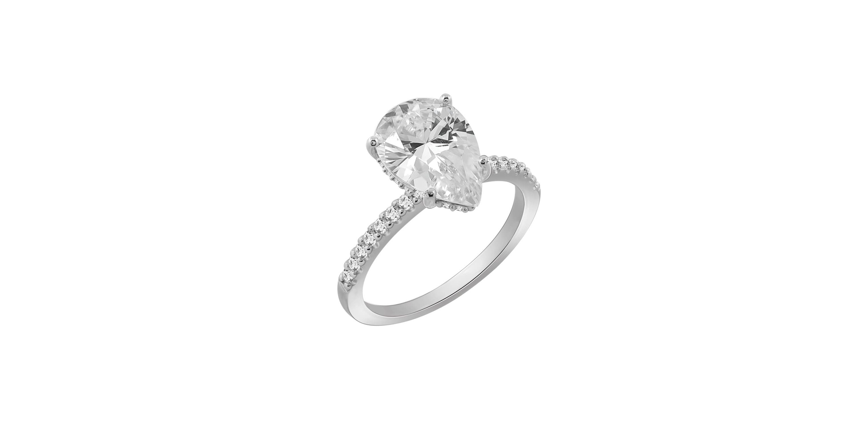 Lab Created Platinum clad Sterling Silver Cubic Zirconia Pear Cut Engagement Ring, Size 10