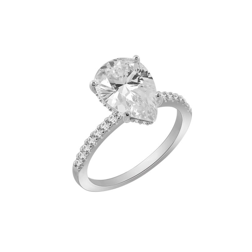 Lab Created Platinum clad Sterling Silver Cubic Zirconia Pear Cut Engagement Ring, Size 10