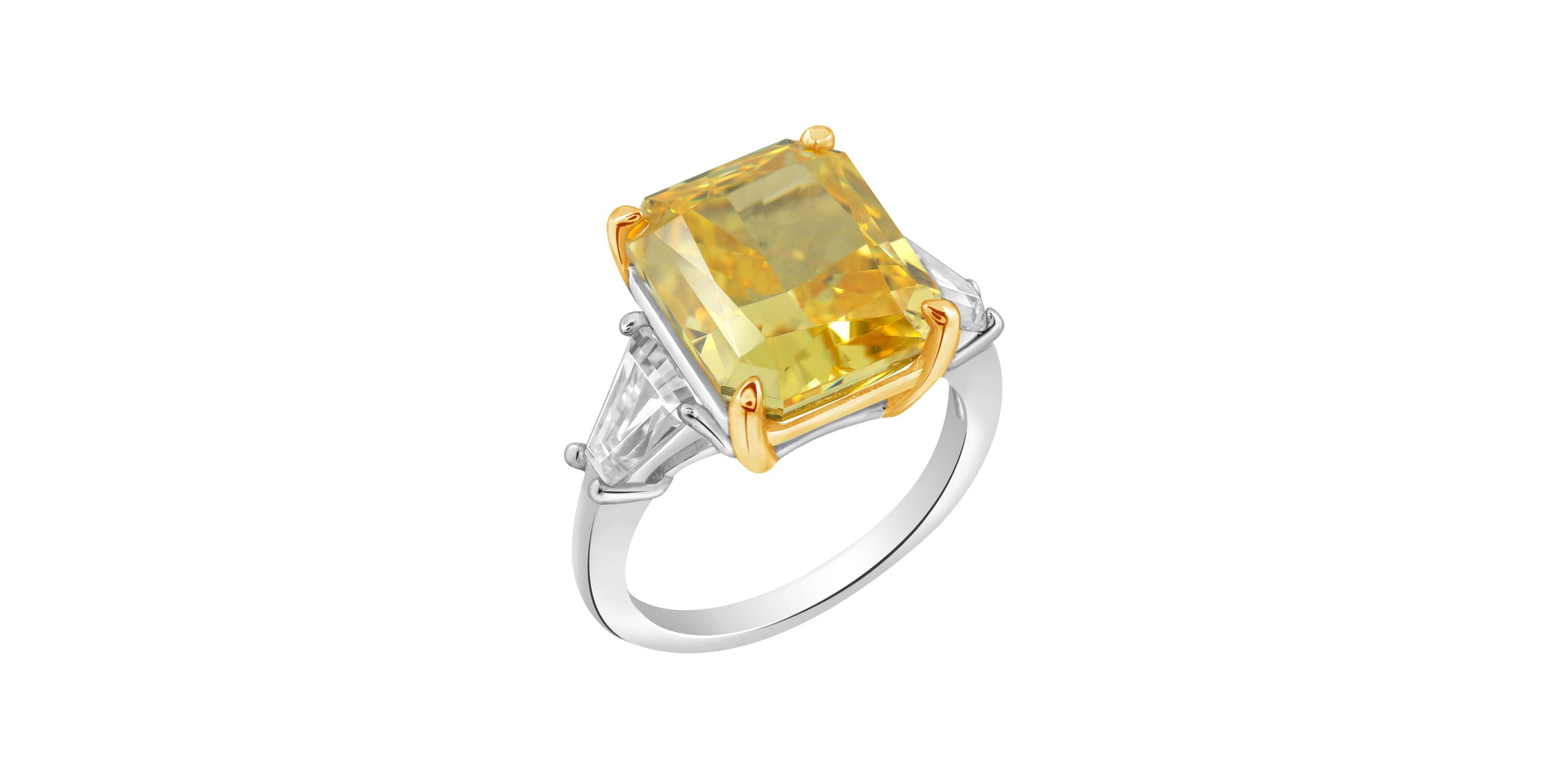 Lab Created DIAMONBLISS Platinum clad Sterling Silver Yellow CZ Emerald and Trapeze Cut Engagement Ring, Size 6