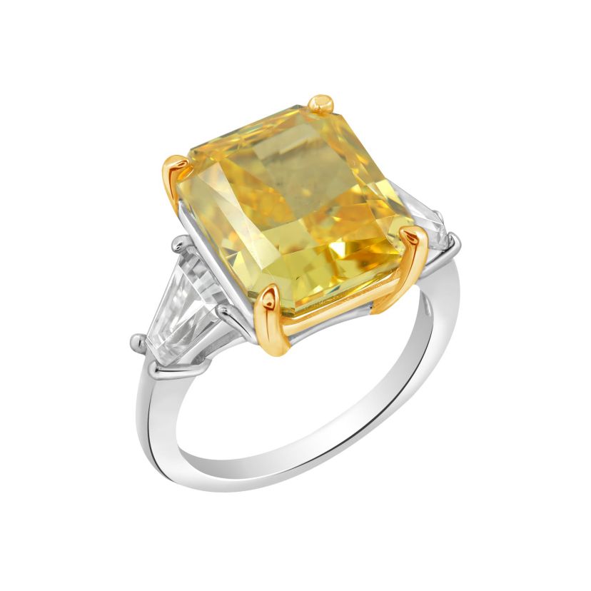 Lab Created DIAMONBLISS Platinum clad Sterling Silver Yellow CZ Emerald and Trapeze Cut Engagement Ring, Size 6