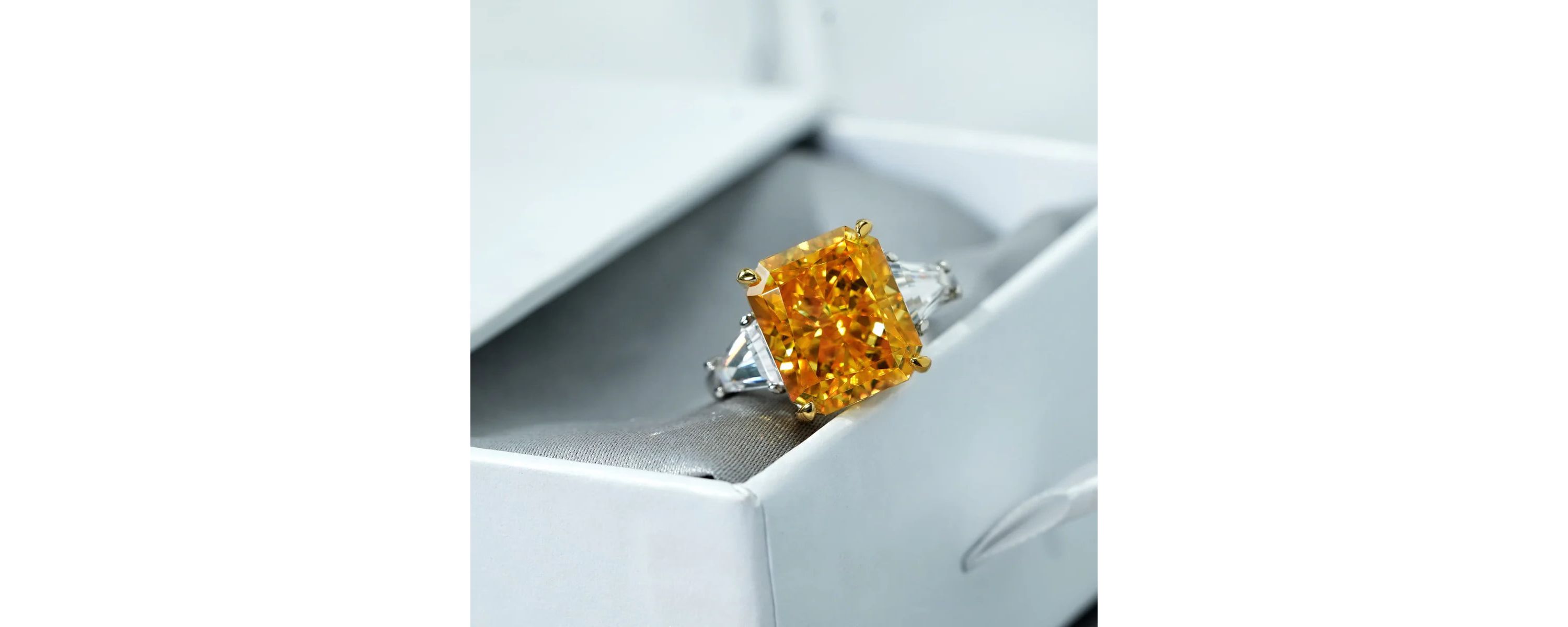 Lab Created DIAMONBLISS Platinum clad Sterling Silver Yellow CZ Emerald and Trapeze Cut Engagement Ring, Size 6
