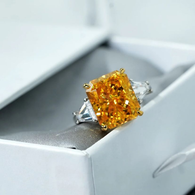 Lab Created DIAMONBLISS Platinum clad Sterling Silver Yellow CZ Emerald and Trapeze Cut Engagement Ring, Size 6