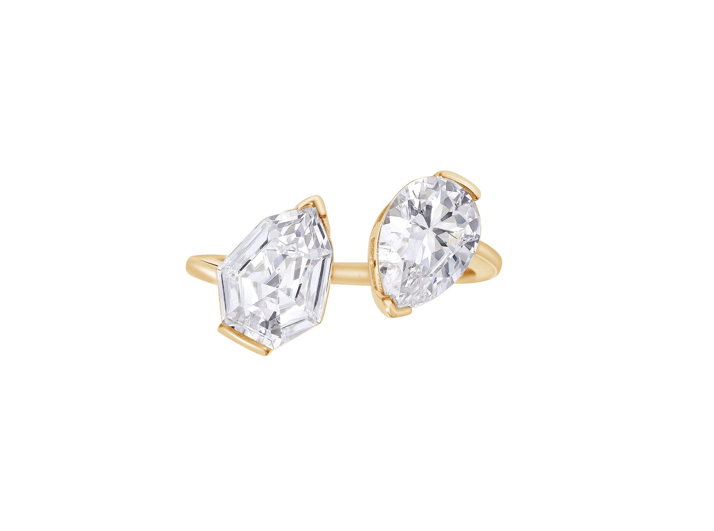 Lab Created Yellow Gold clad Sterling Silver Pear & Shield Cubic Zirconia Open Ring, size 9