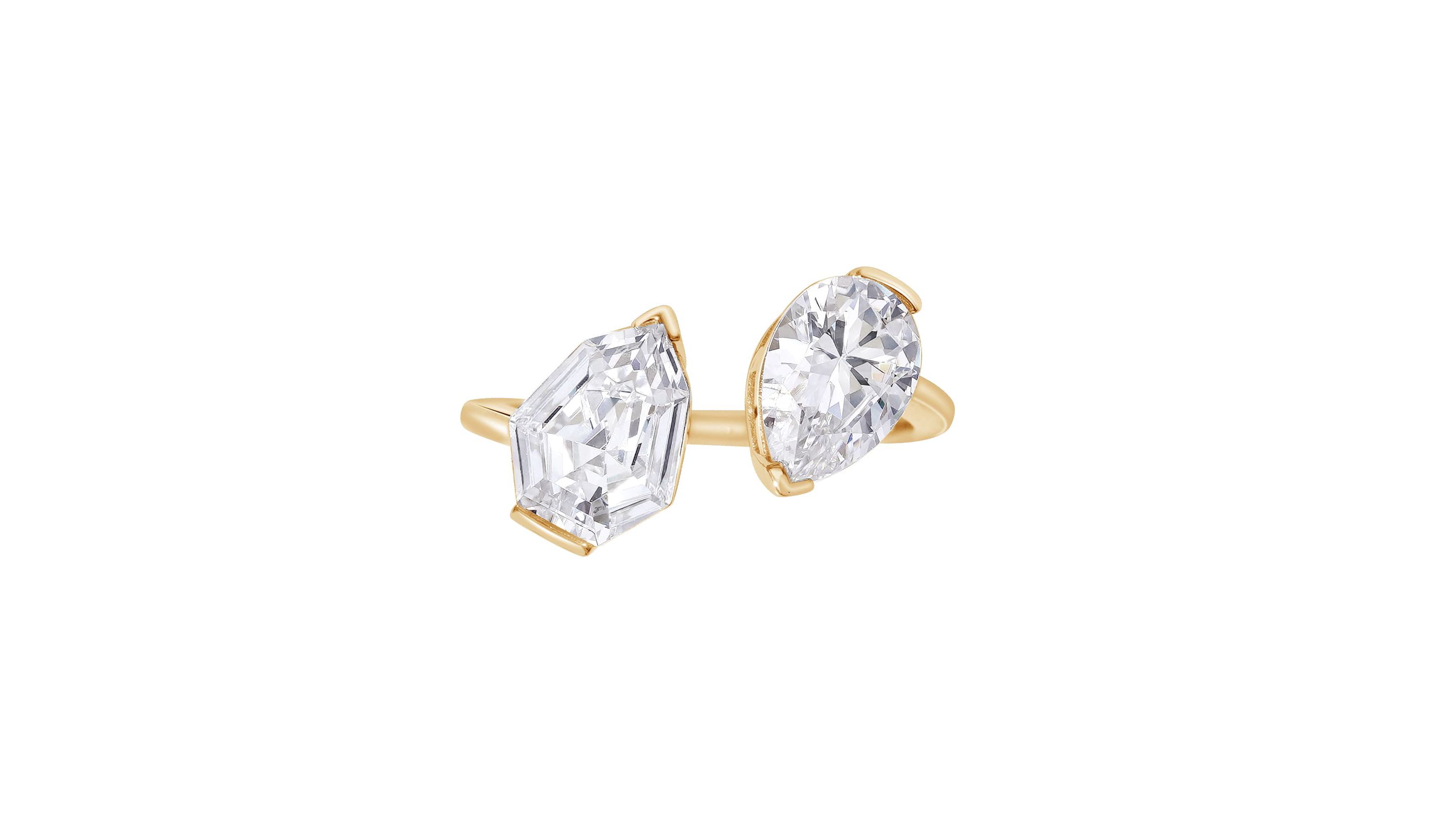 Lab Created Yellow Gold clad Sterling Silver Pear & Shield Cubic Zirconia Open Ring, size 9