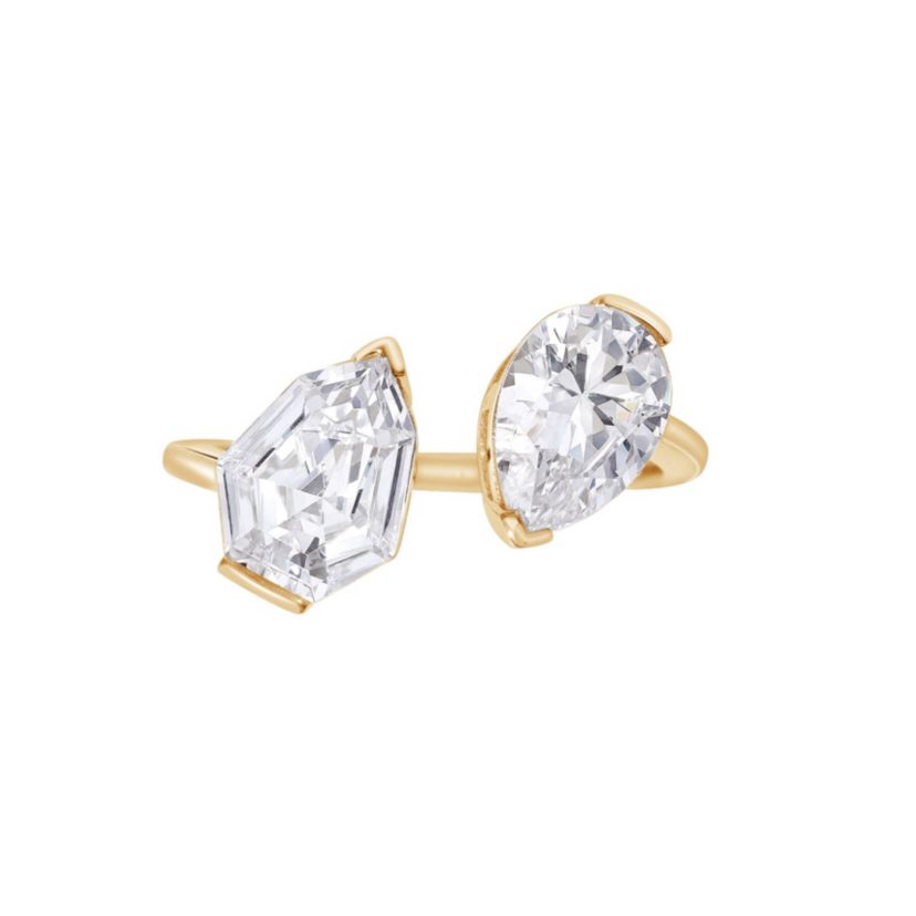 Lab Created Yellow Gold clad Sterling Silver Pear & Shield Cubic Zirconia Open Ring, size 9