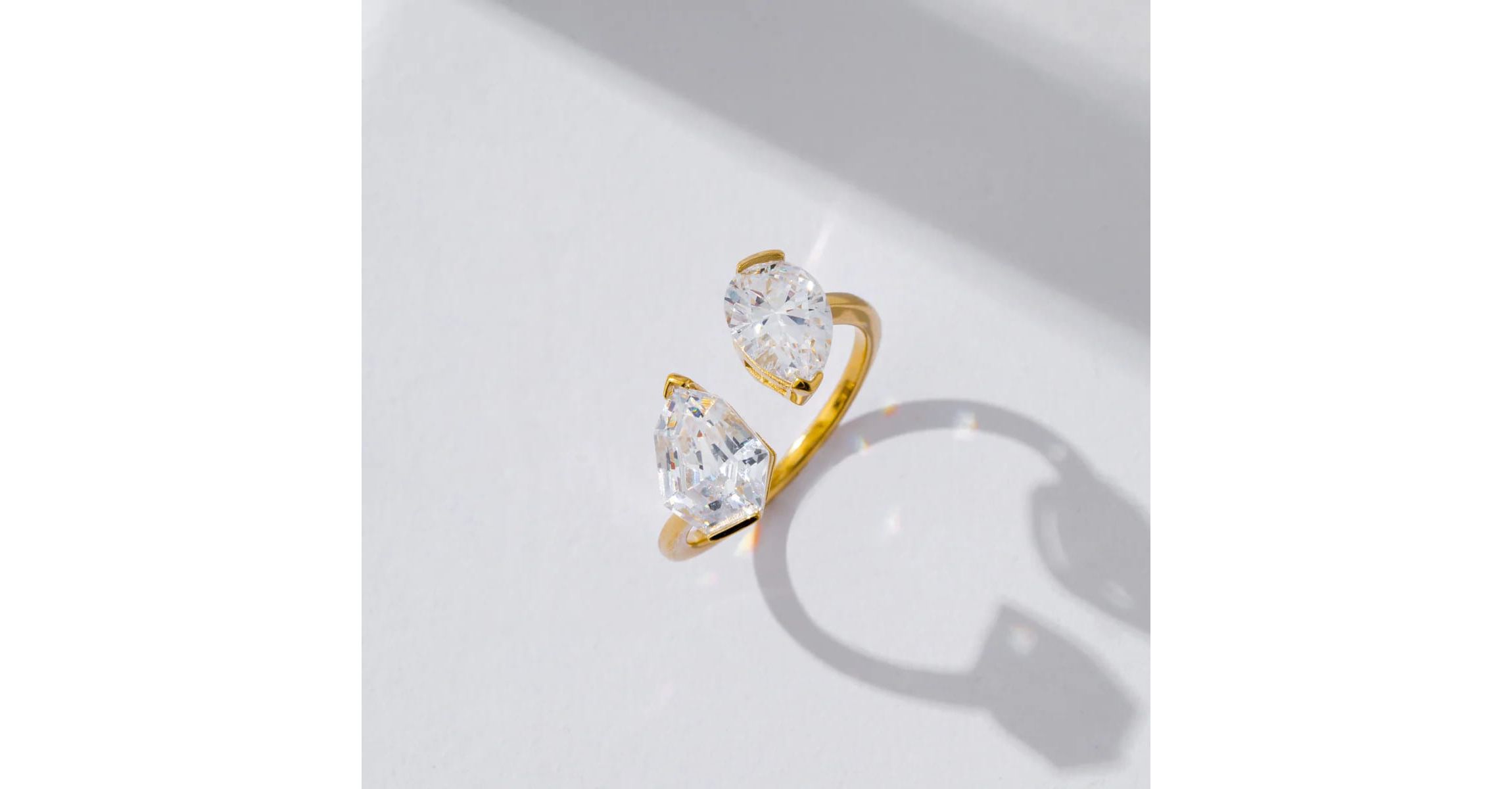 Lab Created Yellow Gold clad Sterling Silver Pear & Shield Cubic Zirconia Open Ring, size 9