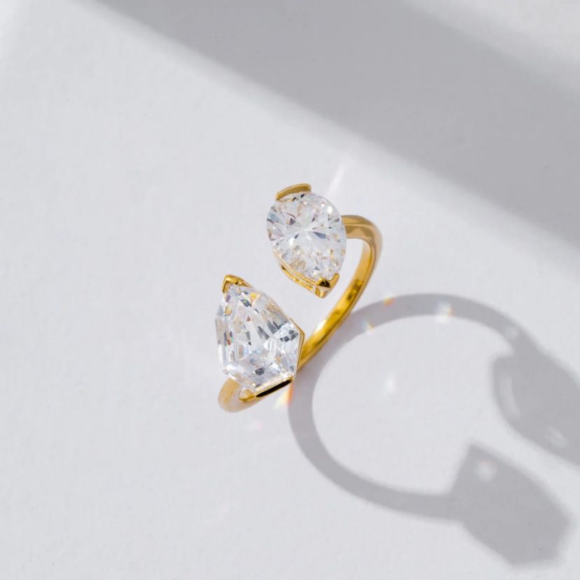 Lab Created Yellow Gold clad Sterling Silver Pear & Shield Cubic Zirconia Open Ring, size 9