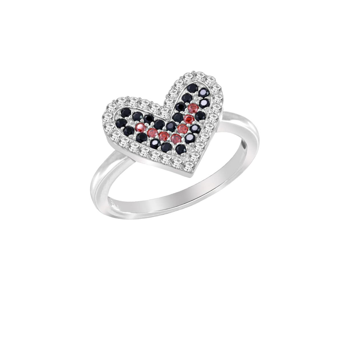 Lab Created Platinum Plated Sterling Silver Cubic Zirconia Red and Black Filled Heart Ring