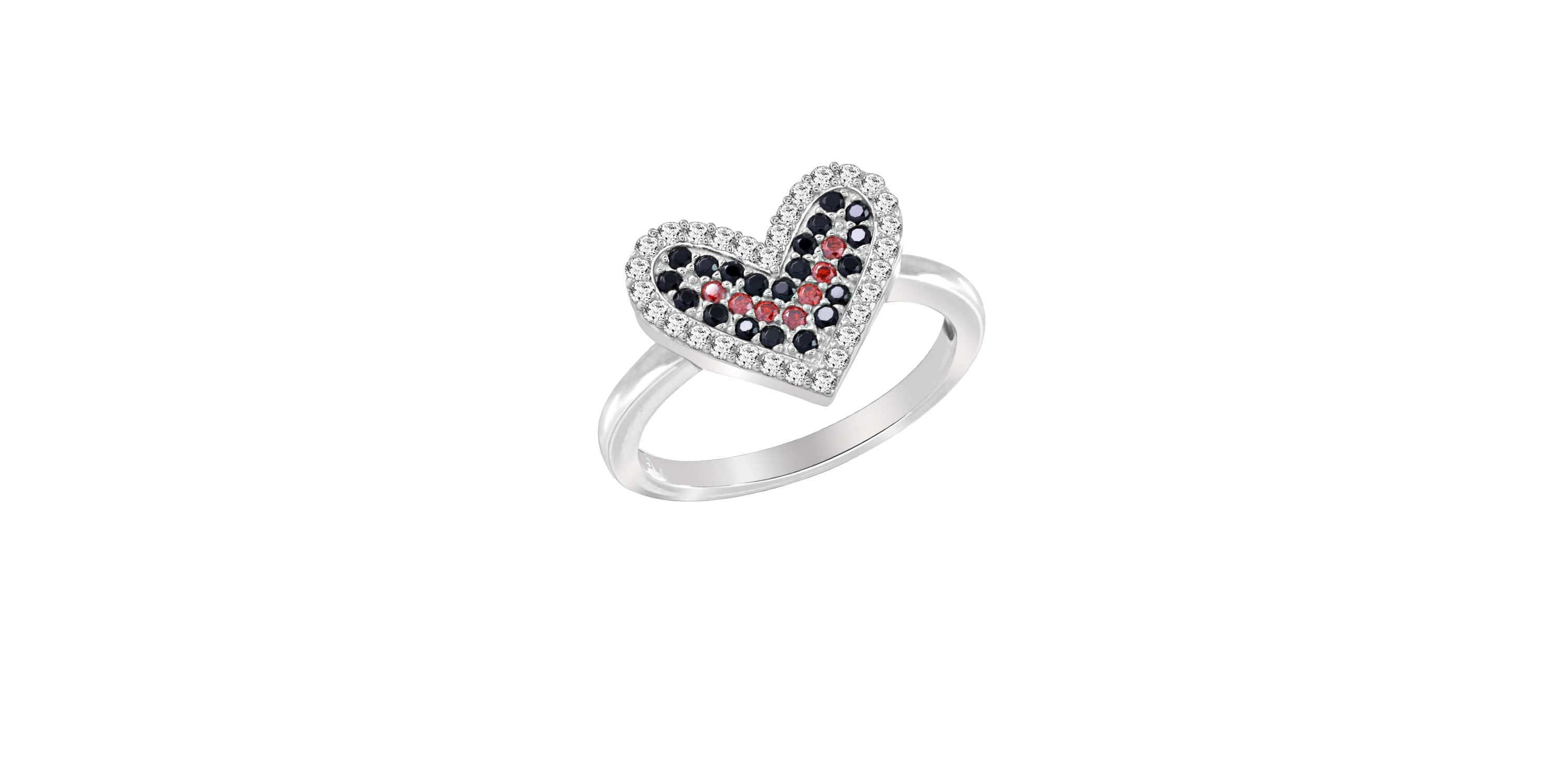 Lab Created Platinum Plated Sterling Silver Cubic Zirconia Red and Black Filled Heart Ring