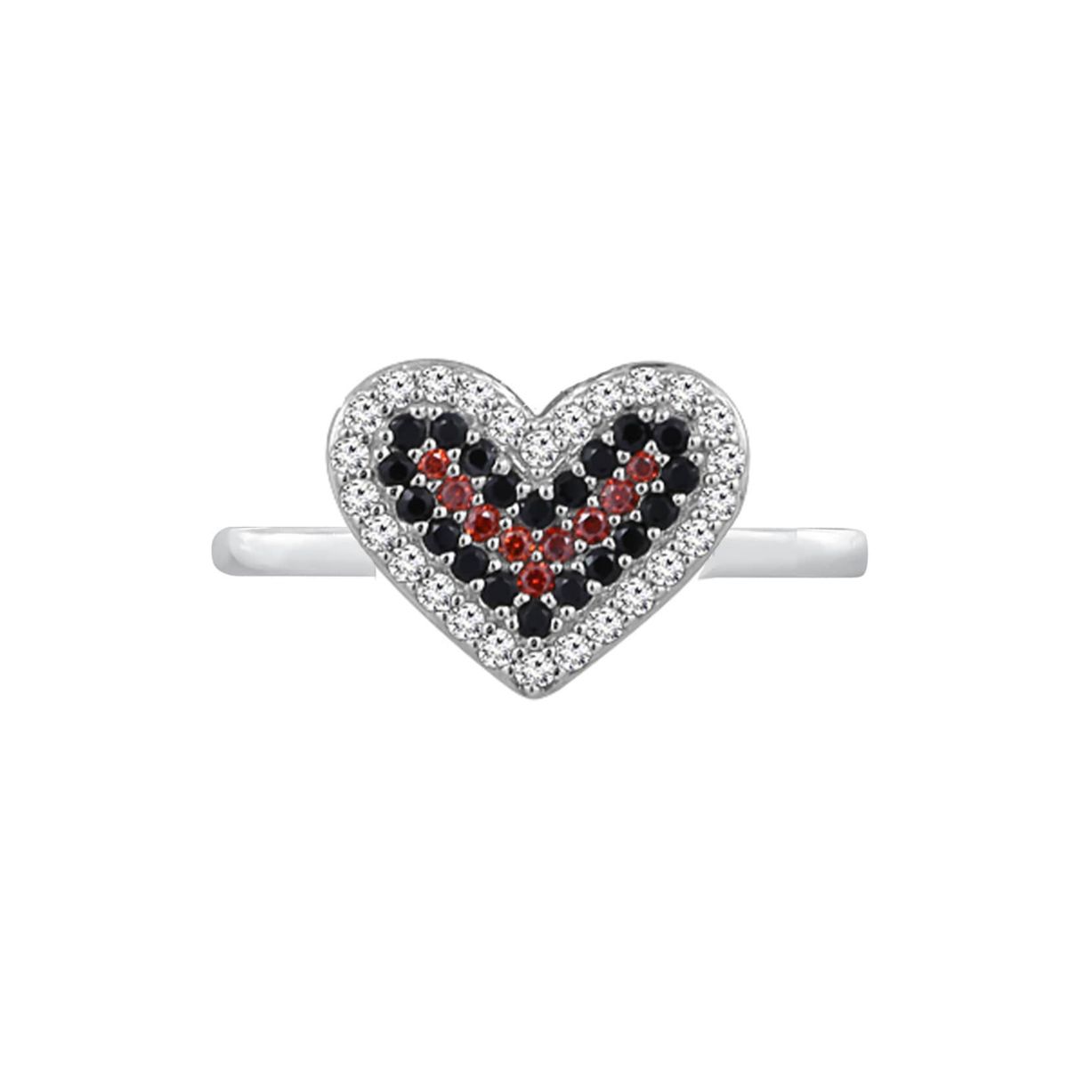 Lab Created Platinum Plated Sterling Silver Cubic Zirconia Red and Black Filled Heart Ring