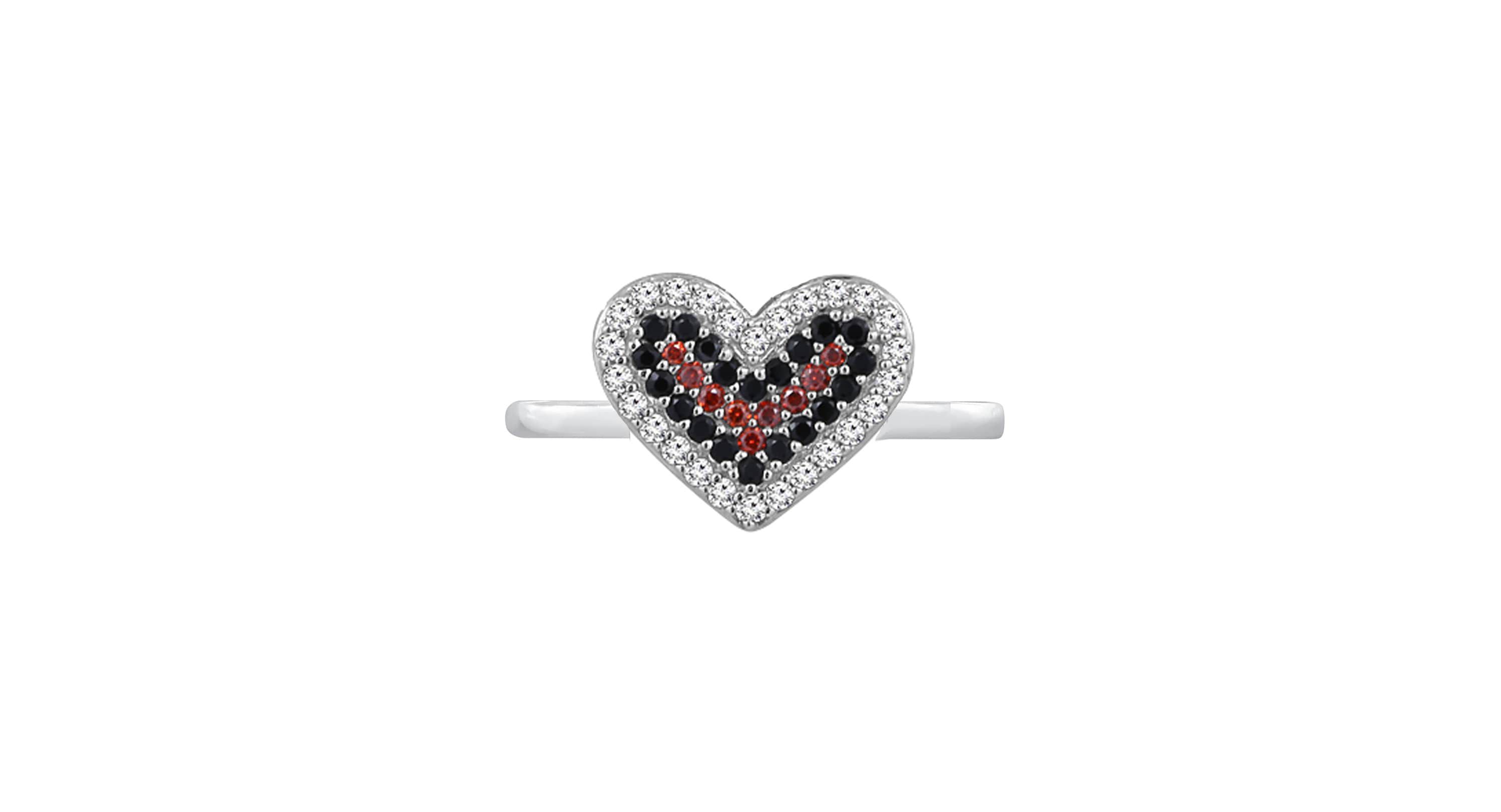 Lab Created Platinum Plated Sterling Silver Cubic Zirconia Red and Black Filled Heart Ring
