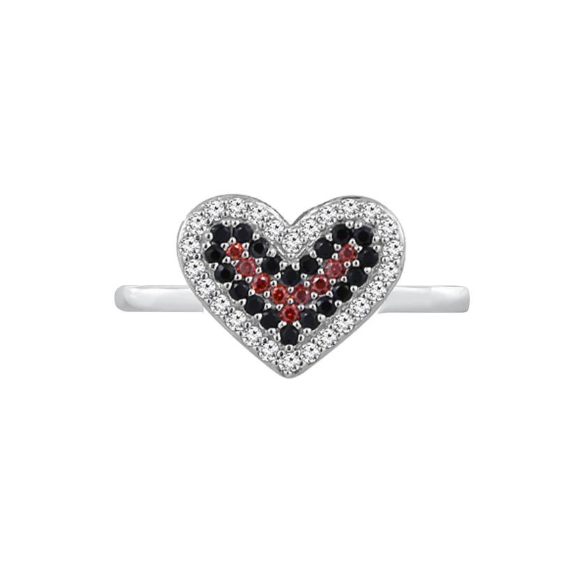 Lab Created Platinum Plated Sterling Silver Cubic Zirconia Red and Black Filled Heart Ring
