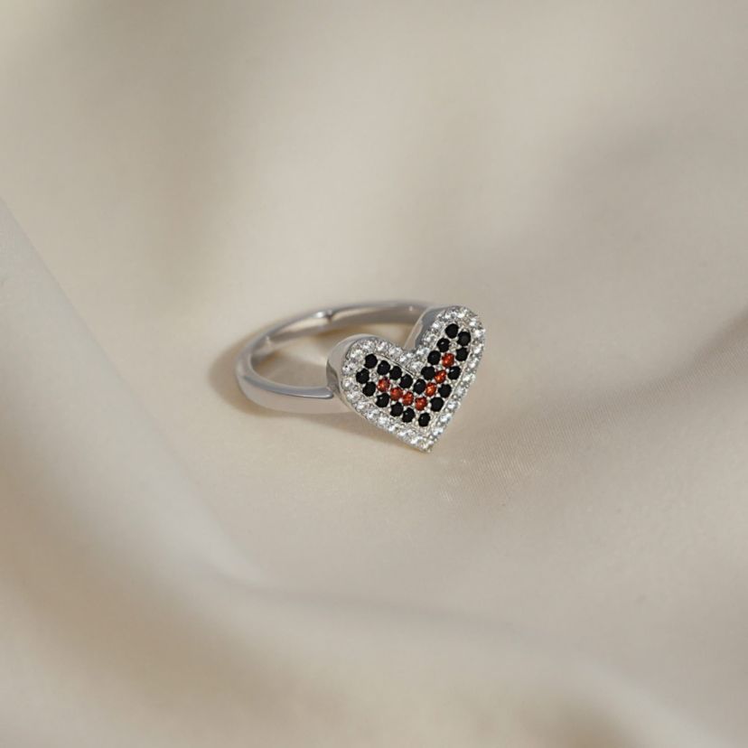 Lab Created Platinum Plated Sterling Silver Cubic Zirconia Red and Black Filled Heart Ring